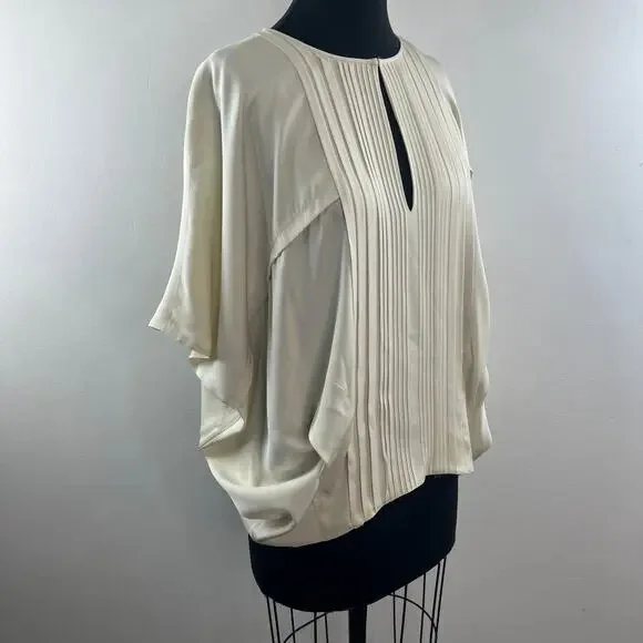 DVF Diane Von Furstenberg Ivory Pleated Blouse Silk Keyhole Neck Size M Medium - Picture 4 of 11
